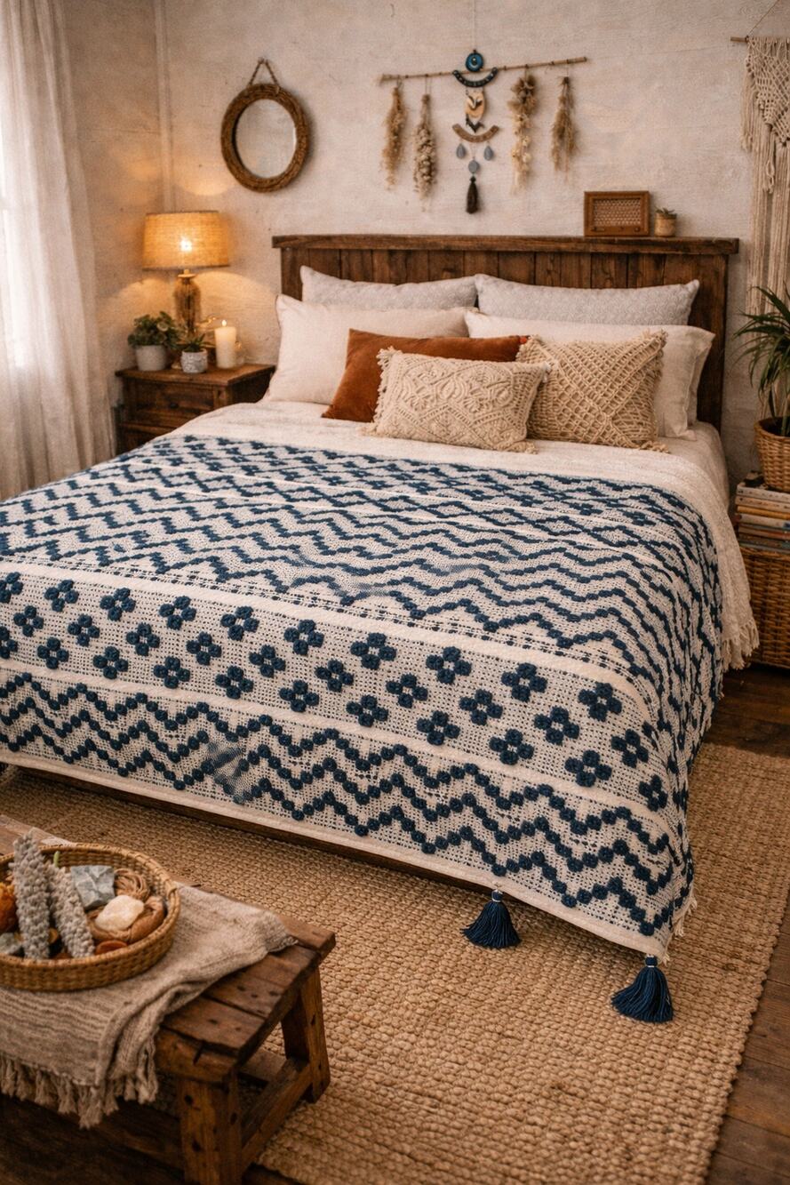 HandWoven Dark Turquoise Throw Blanket Geometric  Contemporary Diamond Tassels